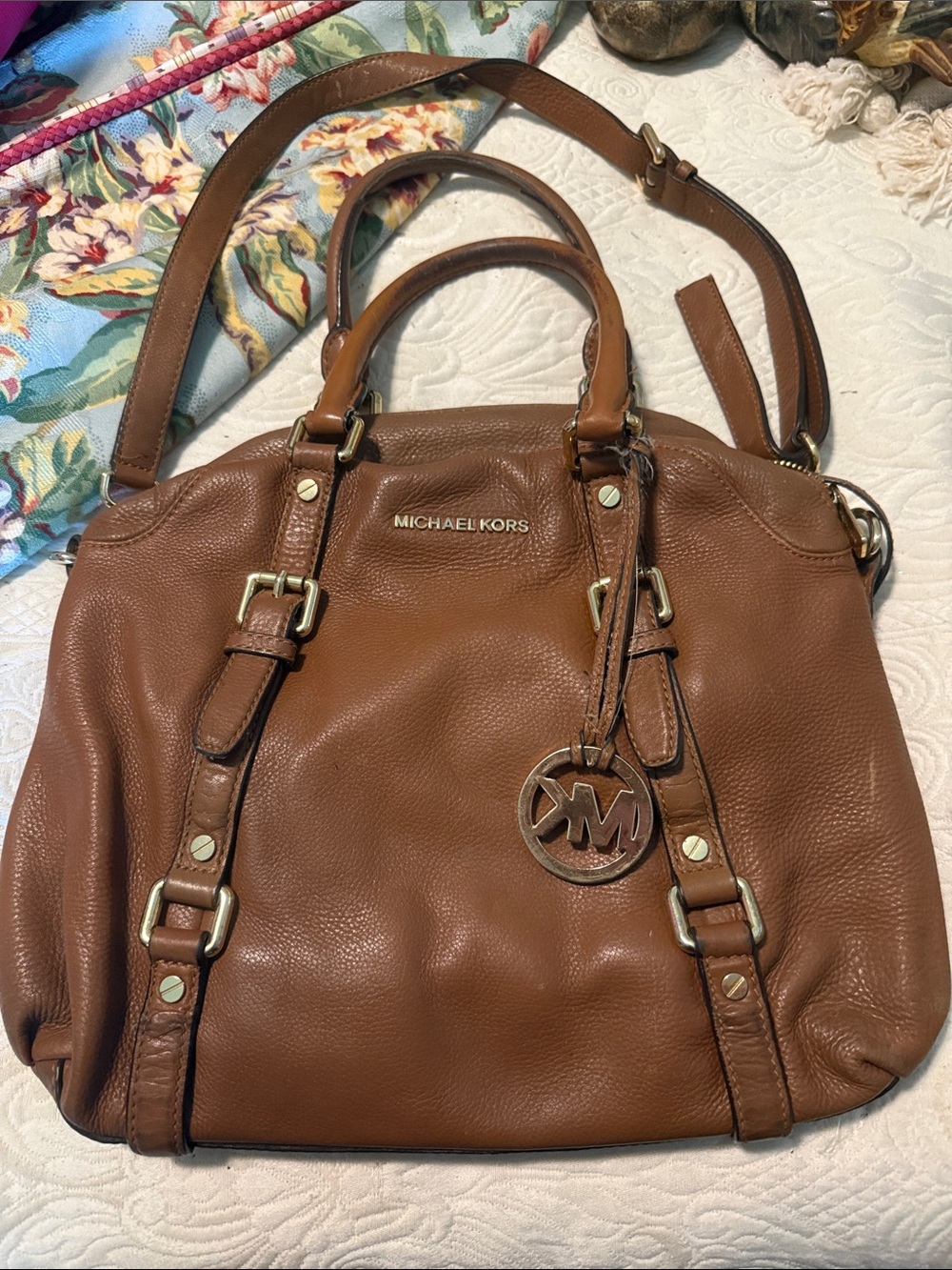 Michael Kors Cognac Leather Satchel with MK Charm